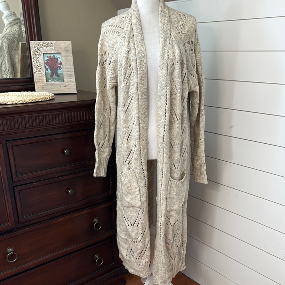 Cozy Oatmeal Cream Open Knit Cardigan Duster Sweater XL